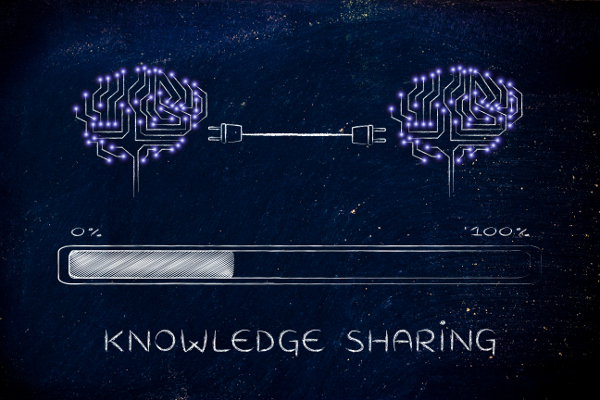 Document management for training materials-Knowledge Sharing, Graphic of 2 digital brains sharing information