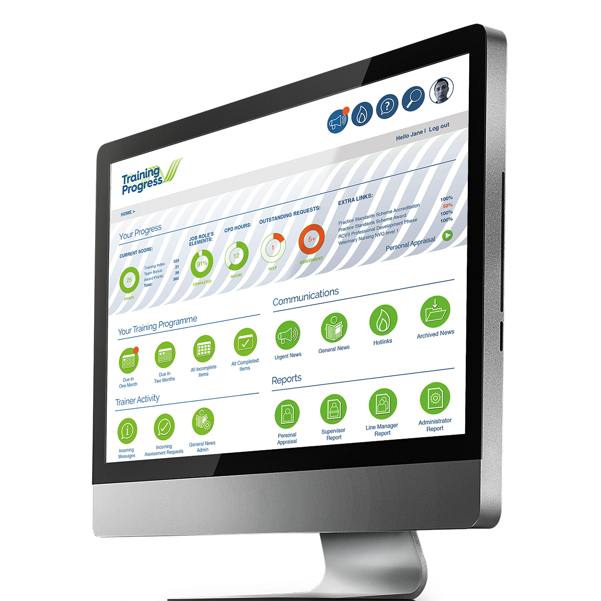 Best document management software - computer monitor showing Training-Progress home screen Training Progress Computer-Image4 Features