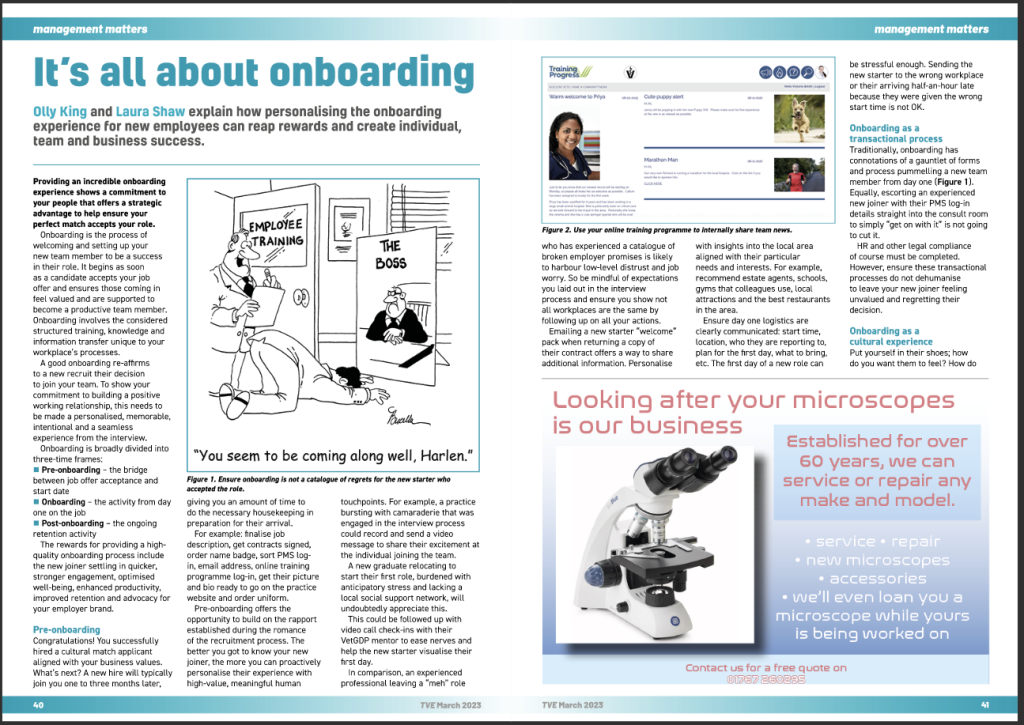 Onboarding - Page 1 of 'It's all about Onboarding' in the Veterinary Edge Training Progress onboarding-1-1024x725 On boarding - Do your new recruits love their job?