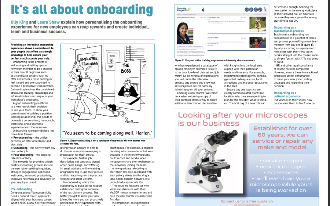 Page 1 of 'It's all about Onboarding' in the Veterinary Edge
